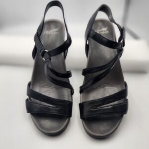 Dansko Women's Black Leather Strappy Slingback Wedge‎ Sandals